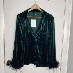 Green Velvet Pajama Top with Feather Cuffs